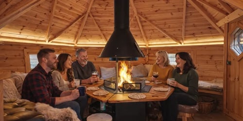 friends enjoying time together in an arctic cabin