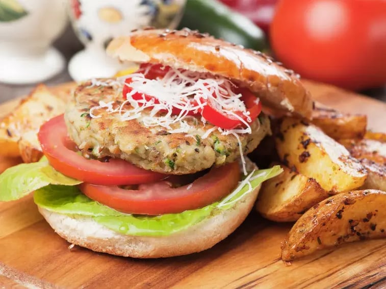 vegan burger in bun with trimmings