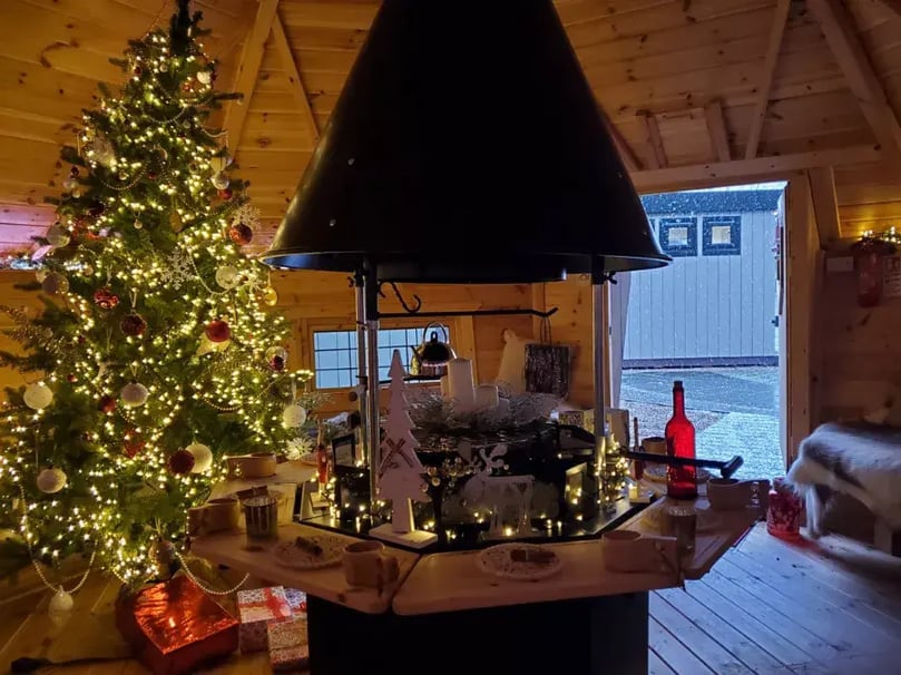 inside an arctic cabin dressed for xmas