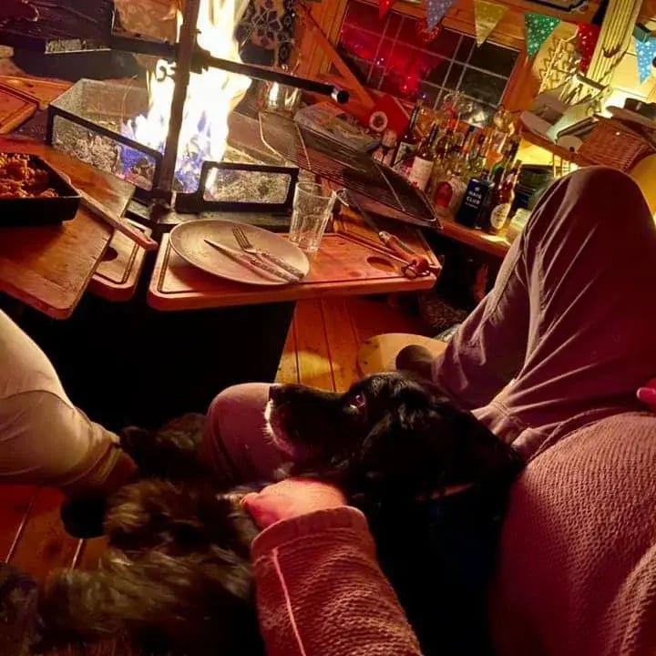 A point of view of a person reclining on the benches around a BBQ cabin with a black dog on their lap.