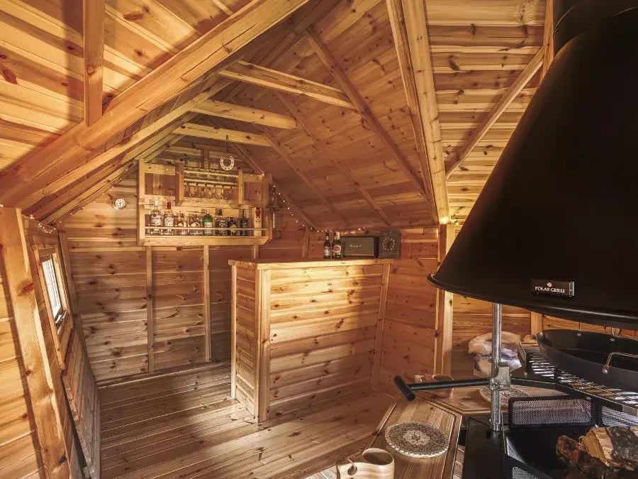 bar area inside a log cabin
