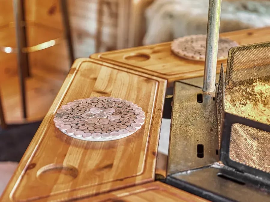 close up of bbq tray table inside cabin