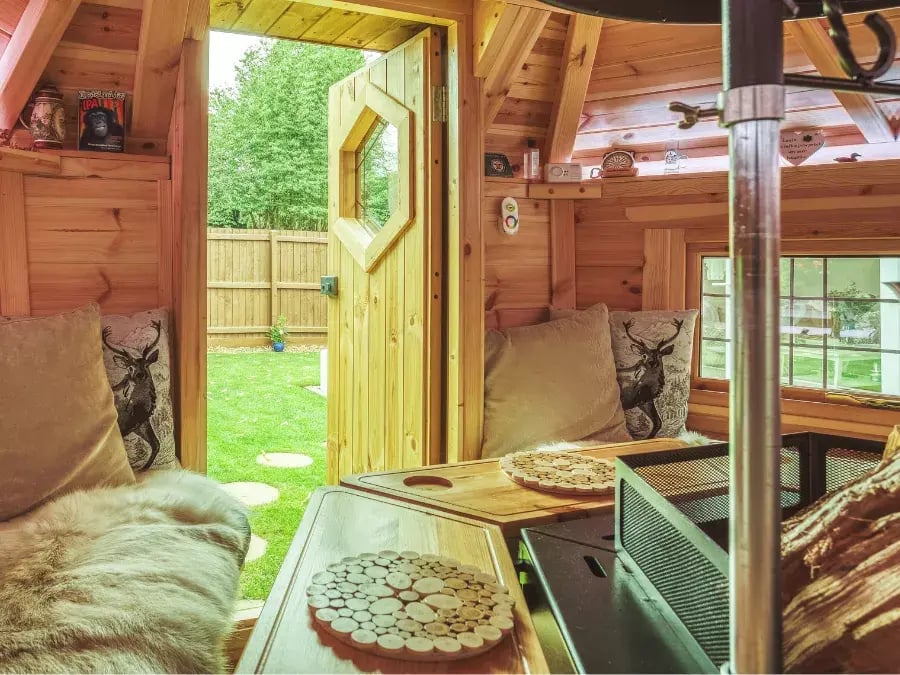 looking out from inside a scandi grill hut