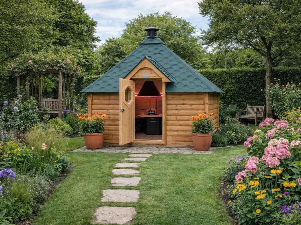 barbecue hut with green roof in floral garden 