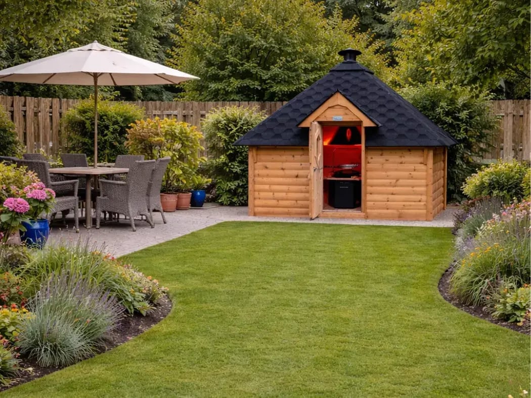 Square BBQ hut with black roof