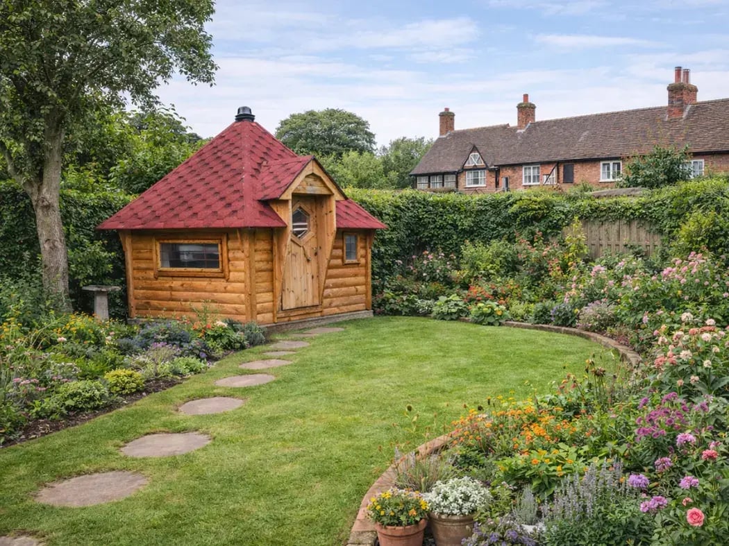 Red roof scandinavian barbecue house in garden