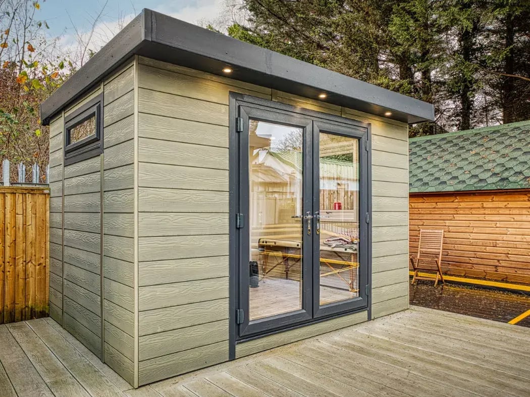 small garden cabin clad in composite
