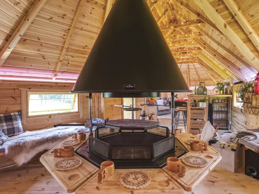 BBQ huts for garden parties with connected cabin layout and social seating