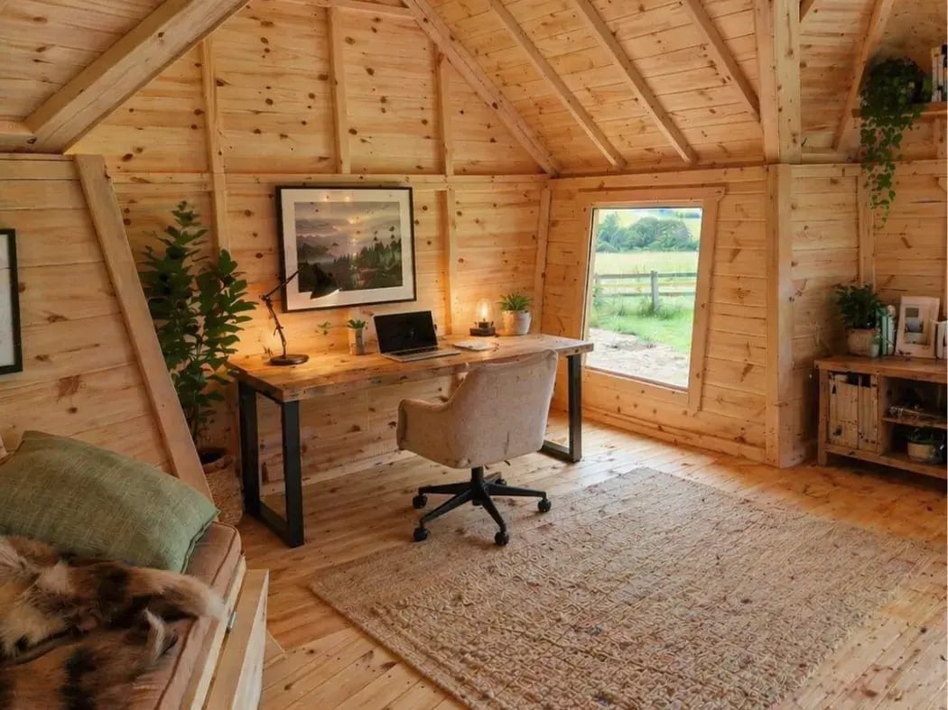 inside a work from home log cabin
