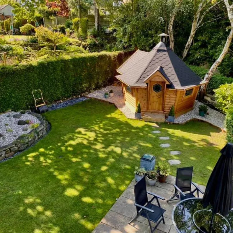 aerial view of a garden barbecue bar cabin