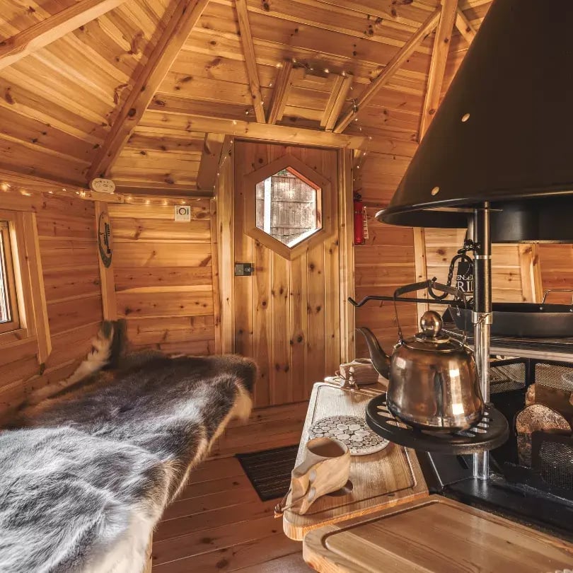 scandinavian plate coasters inside an arctic cabin