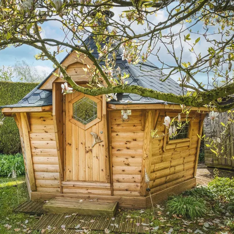 grill shack next to blossom tree