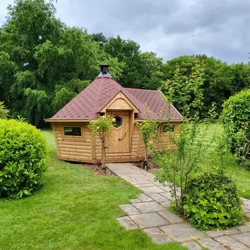 garden pub shed with pointy roof