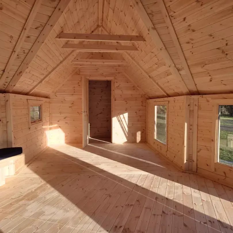 inside a spacious timber garden cabin