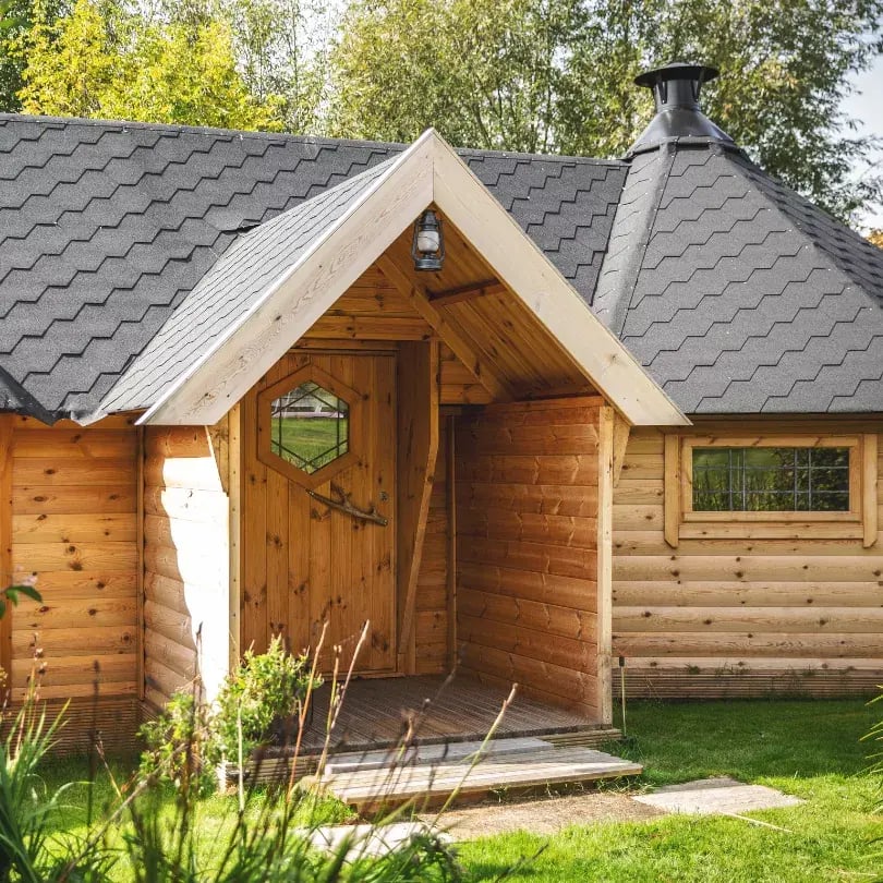 porchway of large timber garden cabins