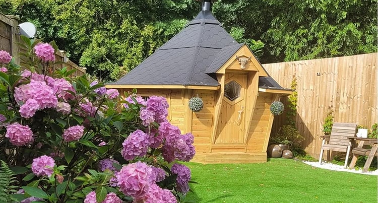arctic cabin in floral garden