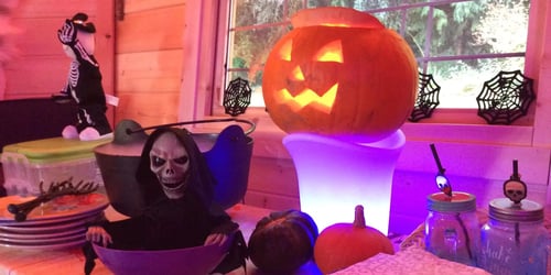 interior of an arctic cabin decorated for Halloween
