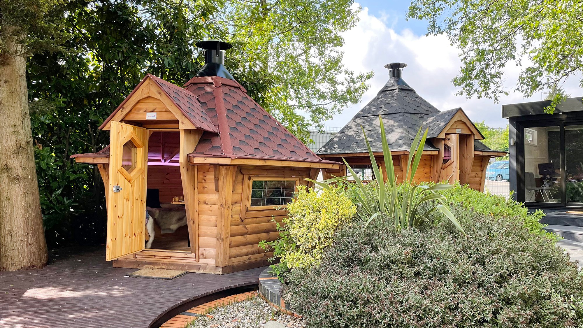Two BBQ huts at the Arctic Cabins Nottingham show site